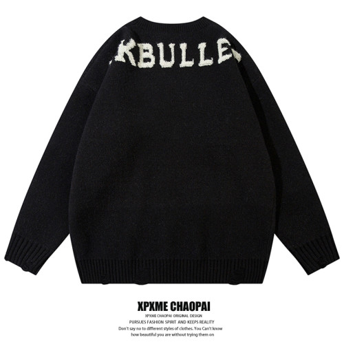 XPXME秋冬hiphop字母圓領個性破洞毛衣復古男女寬松休閒針織衫潮