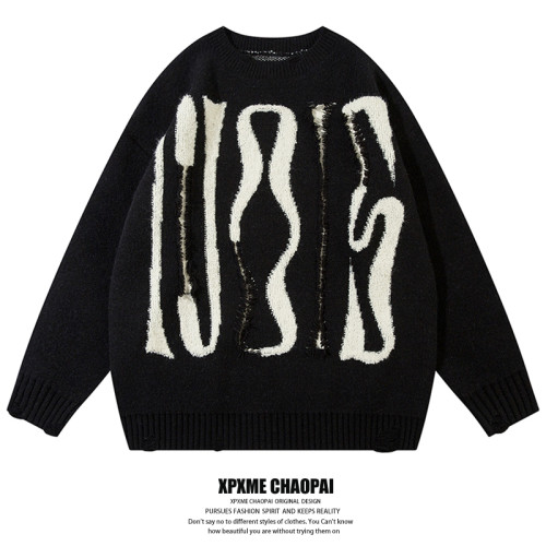 XPXME秋冬hiphop字母圓領個性破洞毛衣復古男女寬松休閒針織衫潮