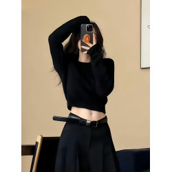 黑色圓領長袖針織衫毛衣女秋季2025新款百搭氣質收腰顯瘦短款上衣