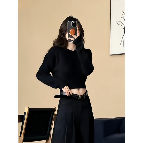 黑色圓領長袖針織衫毛衣女秋季2025新款百搭氣質收腰顯瘦短款上衣 黑色圓領長袖針織衫毛衣女秋季2025新款百搭氣質收腰顯瘦短款上衣