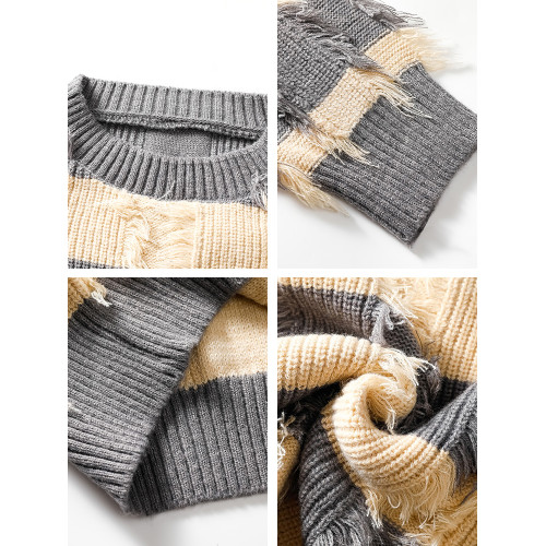 WASSUP ERIKA秋冬季潮流風新款毛衫男士條紋拼色流蘇設計感針織衫