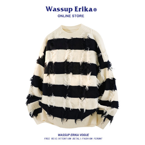 WASSUP ERIKA秋冬季潮流風新款毛衫男士條紋拼色流蘇設計感針織衫
