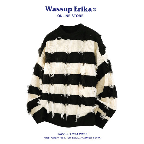 WASSUP ERIKA秋冬季潮流風新款毛衫男士條紋拼色流蘇設計感針織衫