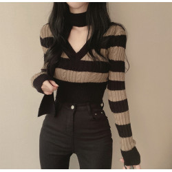 純欲辣妹v領掛脖上衣女秋冬條紋針織打底衫內搭設計感性感毛衣潮