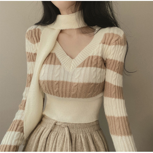 純欲辣妹v領掛脖上衣女秋冬條紋針織打底衫內搭設計感性感毛衣潮 純欲辣妹v領掛脖上衣女秋冬條紋針織打底衫內搭設計感性感毛衣潮