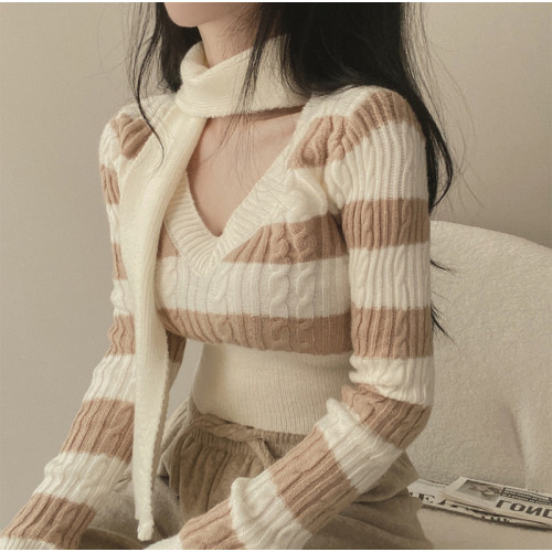純欲辣妹v領掛脖上衣女秋冬條紋針織打底衫內搭設計感性感毛衣潮 純欲辣妹v領掛脖上衣女秋冬條紋針織打底衫內搭設計感性感毛衣潮