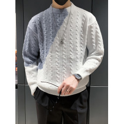 半高領毛衣男冬季慵懶風套頭線衣潮牌寬松韓版拼色打底圓領針織衫