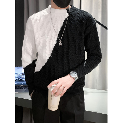 半高領毛衣男冬季慵懶風套頭線衣潮牌寬松韓版拼色打底圓領針織衫 半高領毛衣男冬季慵懶風套頭線衣潮牌寬松韓版拼色打底圓領針織衫