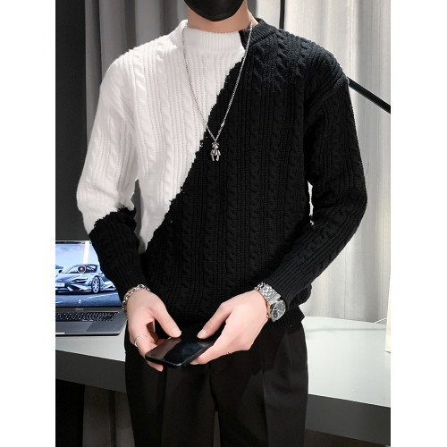 半高領毛衣男冬季慵懶風套頭線衣潮牌寬松韓版拼色打底圓領針織衫 半高領毛衣男冬季慵懶風套頭線衣潮牌寬松韓版拼色打底圓領針織衫