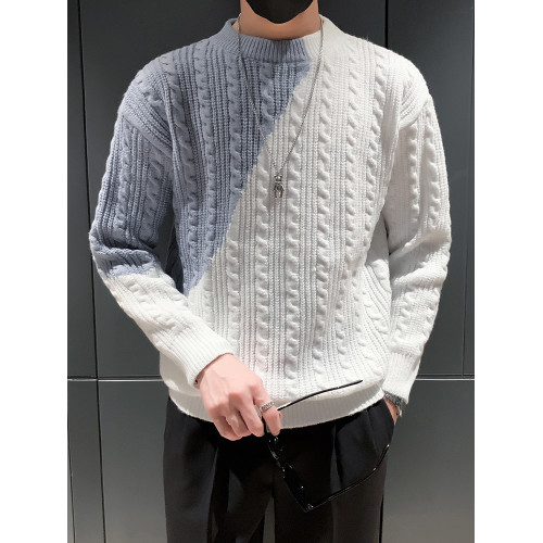 半高領毛衣男冬季慵懶風套頭線衣潮牌寬松韓版拼色打底圓領針織衫 半高領毛衣男冬季慵懶風套頭線衣潮牌寬松韓版拼色打底圓領針織衫