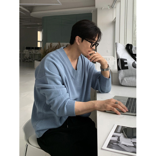 碧捨秋冬新款韓版潮流寬松INS多巴胺色毛衣V領設計感百搭針織衫男