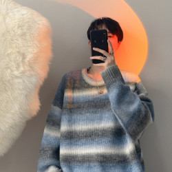 漸變色條紋圓領毛衣男秋冬季韓系寬松慵懶風針織衫潮牌冬款外套