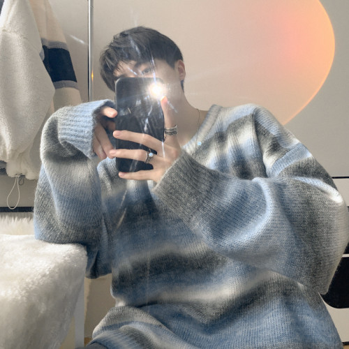 漸變色條紋圓領毛衣男秋冬季韓系寬松慵懶風針織衫潮牌冬款外套