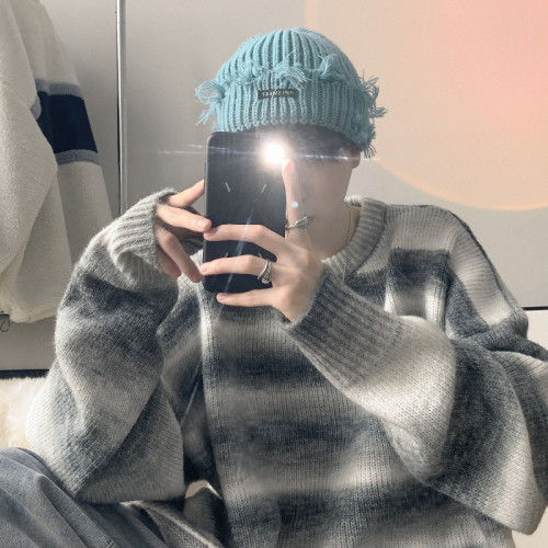 漸變色條紋圓領毛衣男秋冬季韓系寬松慵懶風針織衫潮牌冬款外套