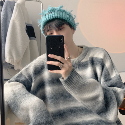 漸變色條紋圓領毛衣男秋冬季韓系寬松慵懶風針織衫潮牌冬款外套