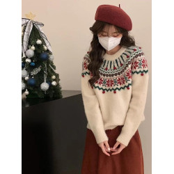 復古提花聖誕費爾島毛衣女套頭寬松秋冬季厚款慵懶風軟糯針織上衣