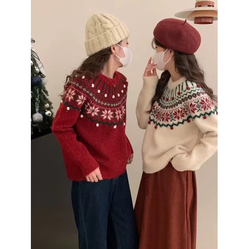 復古提花聖誕費爾島毛衣女套頭寬松秋冬季厚款慵懶風軟糯針織上衣