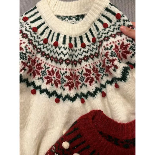 復古提花聖誕費爾島毛衣女套頭寬松秋冬季厚款慵懶風軟糯針織上衣