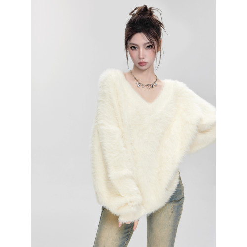 奶fufu白色水貂絨V領套頭毛衣女秋冬季內搭軟糯慵懶馬海毛針織衫 奶fufu白色水貂絨V領套頭毛衣女秋冬季內搭軟糯慵懶馬海毛針織衫