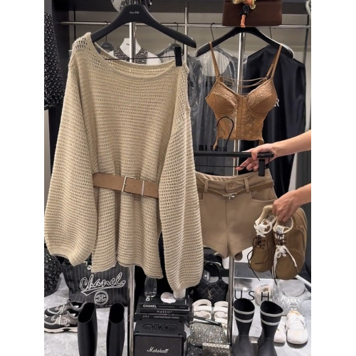 設計感簡約斜肩長袖針織衫女2025秋季新款慵懶風收腰露肩毛衣上衣 設計感簡約斜肩長袖針織衫女2025秋季新款慵懶風收腰露肩毛衣上衣