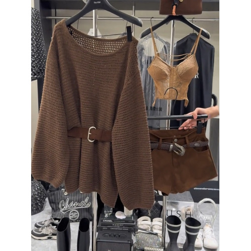 設計感簡約斜肩長袖針織衫女2025秋季新款慵懶風收腰露肩毛衣上衣 設計感簡約斜肩長袖針織衫女2025秋季新款慵懶風收腰露肩毛衣上衣