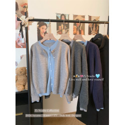 kumikumi設計感氣質假兩件長袖毛衣開衫女裝春季顯瘦百搭chic上衣