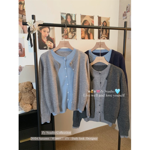 kumikumi設計感氣質假兩件長袖毛衣開衫女裝春季顯瘦百搭chic上衣