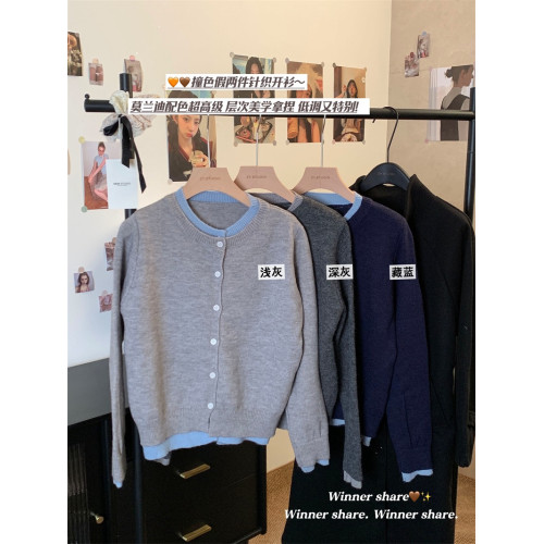 kumikumi設計感氣質假兩件長袖毛衣開衫女裝春季顯瘦百搭chic上衣