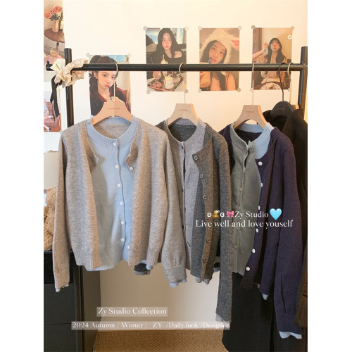 kumikumi設計感氣質假兩件長袖毛衣開衫女裝春季顯瘦百搭chic上衣