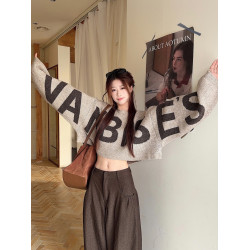 大碼胖mm慵懶風復古字母長袖毛衣女秋冬短款寬松顯瘦氣質百搭上衣