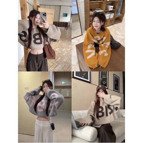 大碼胖mm慵懶風復古字母長袖毛衣女秋冬短款寬松顯瘦氣質百搭上衣 大碼胖mm慵懶風復古字母長袖毛衣女秋冬短款寬松顯瘦氣質百搭上衣
