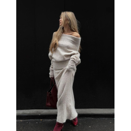 慵懶風一字肩毛衣+魚尾半身裙兩件套2024秋季新款辣妹時尚套裝 潮 慵懶風一字肩毛衣+魚尾半身裙兩件套2024秋季新款辣妹時尚套裝 潮