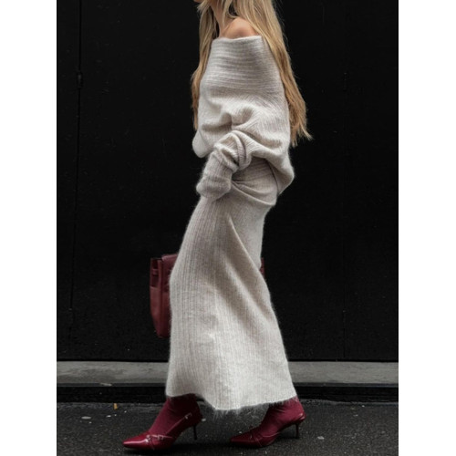 慵懶風一字肩毛衣+魚尾半身裙兩件套2024秋季新款辣妹時尚套裝 潮 慵懶風一字肩毛衣+魚尾半身裙兩件套2024秋季新款辣妹時尚套裝 潮