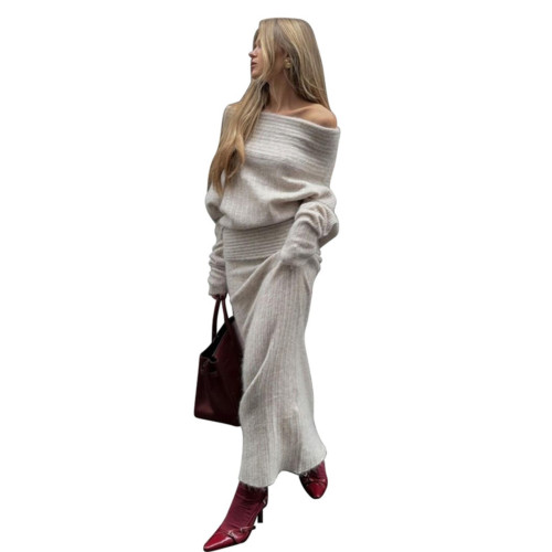 慵懶風一字肩毛衣+魚尾半身裙兩件套2024秋季新款辣妹時尚套裝 潮 慵懶風一字肩毛衣+魚尾半身裙兩件套2024秋季新款辣妹時尚套裝 潮