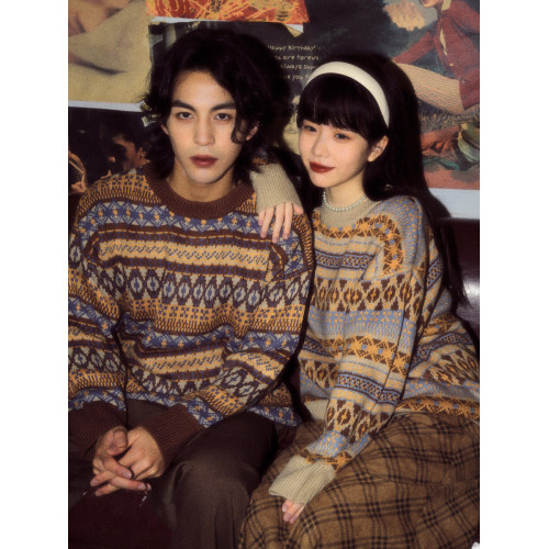 酒釀丸子ALOHA 復古港風小衆慵懶費爾島毛衣秋冬情侶裝條紋針織衫