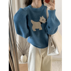 藍色圓領套頭軟糯卡通小狗毛衣女秋冬季加厚寬松慵懶風針織衫上衣