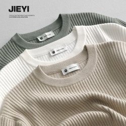 介乙 坑條紋理圓領毛衣男慵懶風潮流韓系提花針織衫保暖單穿上衣