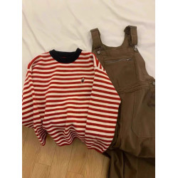 韓版撞色條紋小狗刺綉圓領針織衫女秋季新款寬松套頭百搭長袖毛衣