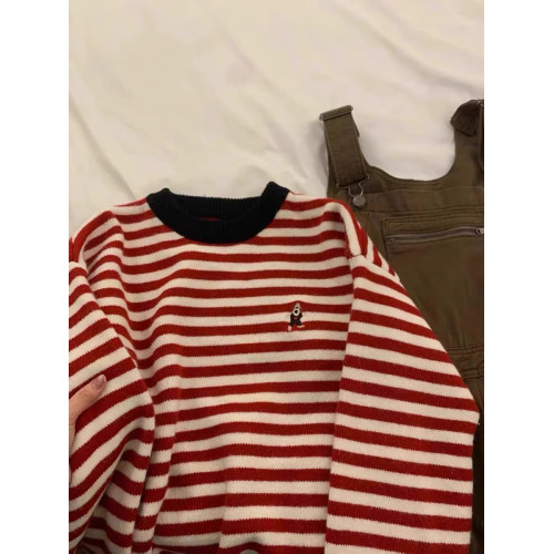 韓版撞色條紋小狗刺綉圓領針織衫女秋季新款寬松套頭百搭長袖毛衣 韓版撞色條紋小狗刺綉圓領針織衫女秋季新款寬松套頭百搭長袖毛衣