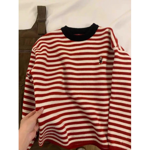 韓版撞色條紋小狗刺綉圓領針織衫女秋季新款寬松套頭百搭長袖毛衣 韓版撞色條紋小狗刺綉圓領針織衫女秋季新款寬松套頭百搭長袖毛衣