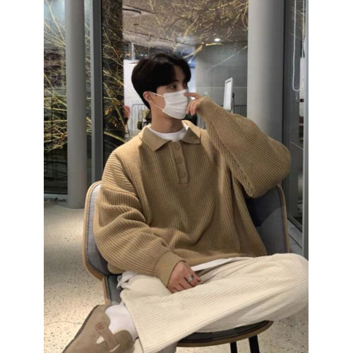 韓國ulzzang翻領毛衣男高級感寬松針織polo衫東大門潮牌線衣外套