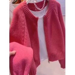 新年穿搭學院風紅色拉鍊毛衣外套女寬松外穿短款針織開衫百搭上衣