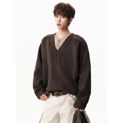 復古假兩件V領拼接毛衣男秋冬慵懶風寬松大碼針織衫套頭polo線衣