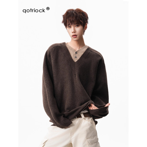 復古假兩件V領拼接毛衣男秋冬慵懶風寬松大碼針織衫套頭polo線衣