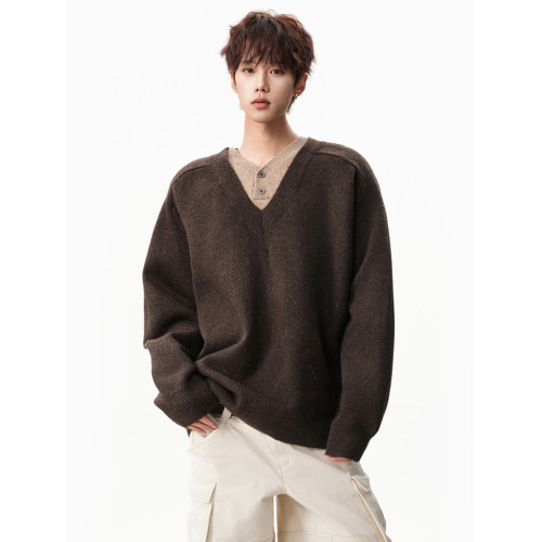 復古假兩件V領拼接毛衣男秋冬慵懶風寬松大碼針織衫套頭polo線衣