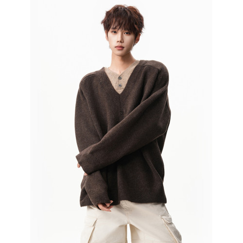 復古假兩件V領拼接毛衣男秋冬慵懶風寬松大碼針織衫套頭polo線衣