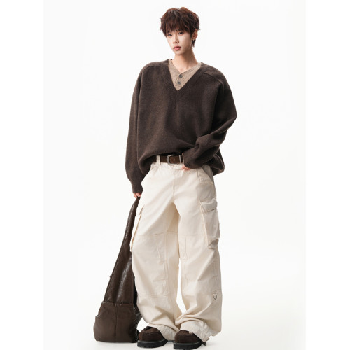 復古假兩件V領拼接毛衣男秋冬慵懶風寬松大碼針織衫套頭polo線衣