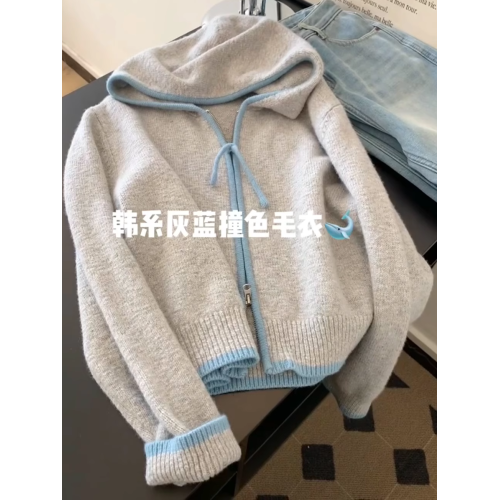 耐看又耐搭~設計感灰藍撞色拉鍊針織開衫外套女冬季寬松軟糯毛衣 耐看又耐搭~設計感灰藍撞色拉鍊針織開衫外套女冬季寬松軟糯毛衣