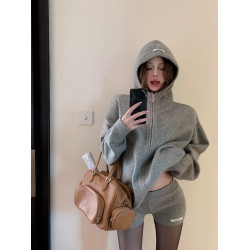 韓系灰色連帽毛衣外套女秋冬寬松慵懶風氛圍感針織拉鍊開衫套裝