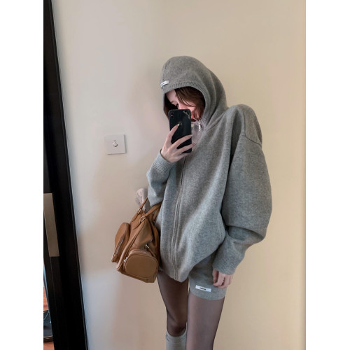 韓系灰色連帽毛衣外套女秋冬寬松慵懶風氛圍感針織拉鍊開衫套裝 韓系灰色連帽毛衣外套女秋冬寬松慵懶風氛圍感針織拉鍊開衫套裝